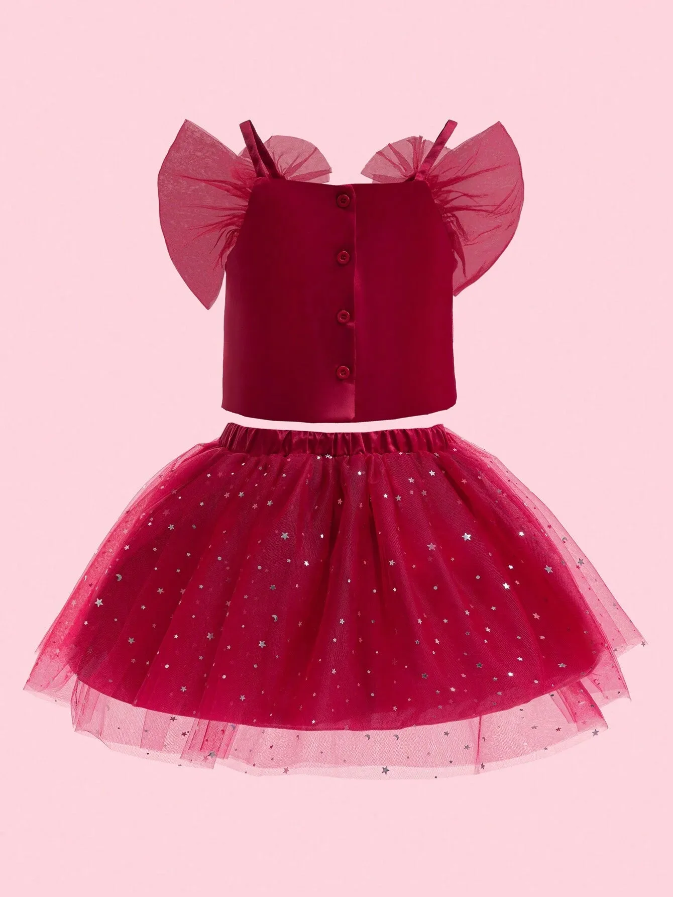 2pcs/Set Girls European And American Style Sleeveless Pearl Decor Crop Top   High Waist Sequin Mesh Tulle Skirt