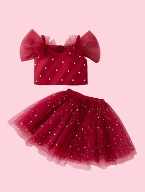 2pcs/Set Girls European And American Style Sleeveless Pearl Decor Crop Top   High Waist Sequin Mesh Tulle Skirt