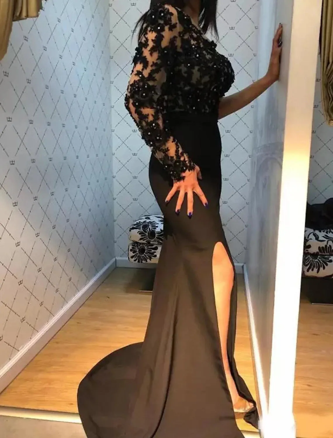 A-Line Mermaid / Trumpet Prom Dresses Glittering Dress Wedding Guest Prom Sweep / Brush Train Sleeveless One Shoulder Stretch Fabric with Beading Slit Appliques