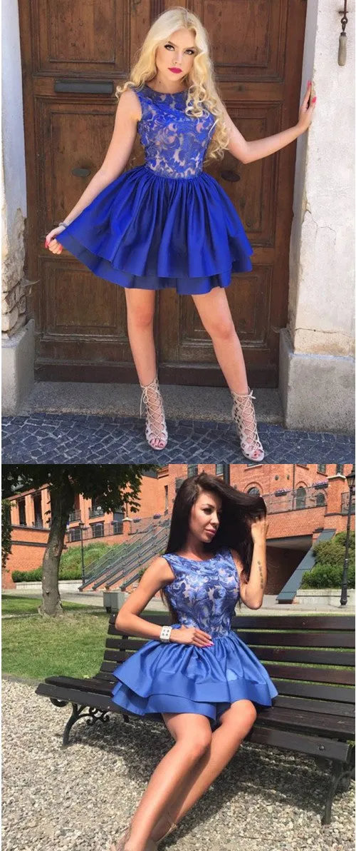A-Line Round Neck Sleeveless Appliques Royal Blue Homecoming Dresses, HD0541