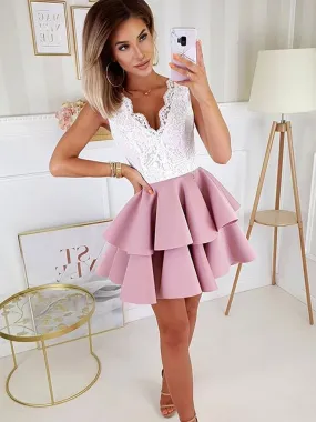 A-line V-neck Lace Sleeveless Homecoming Dresses With Ruffles, HD0573