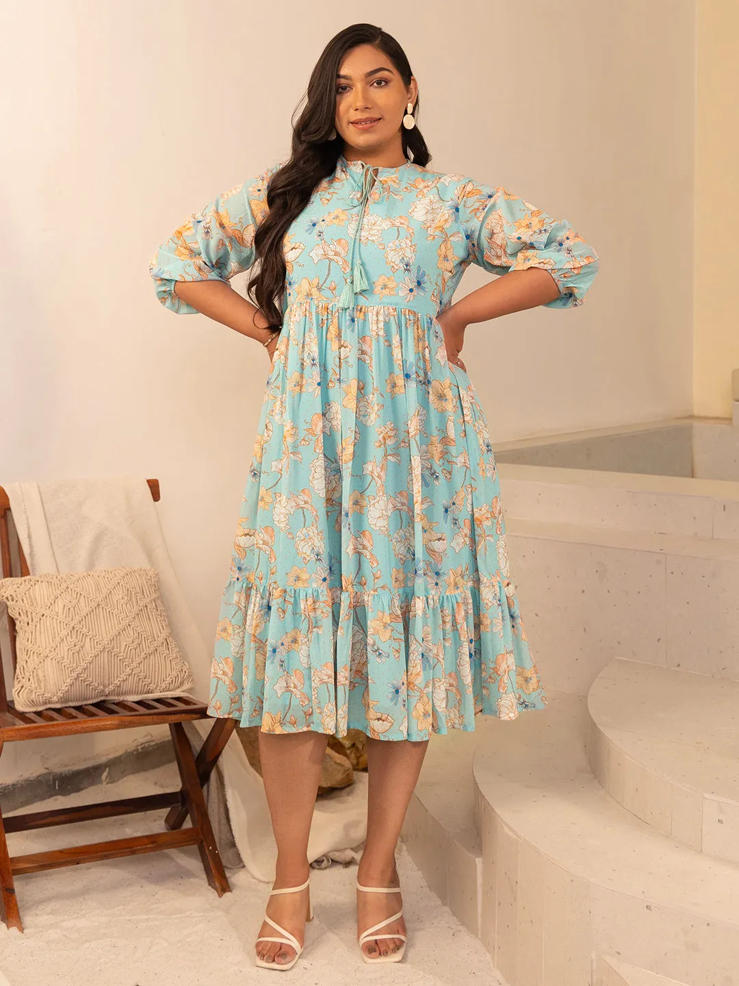 Aqua Georgette Floral Fit & Flare Dress