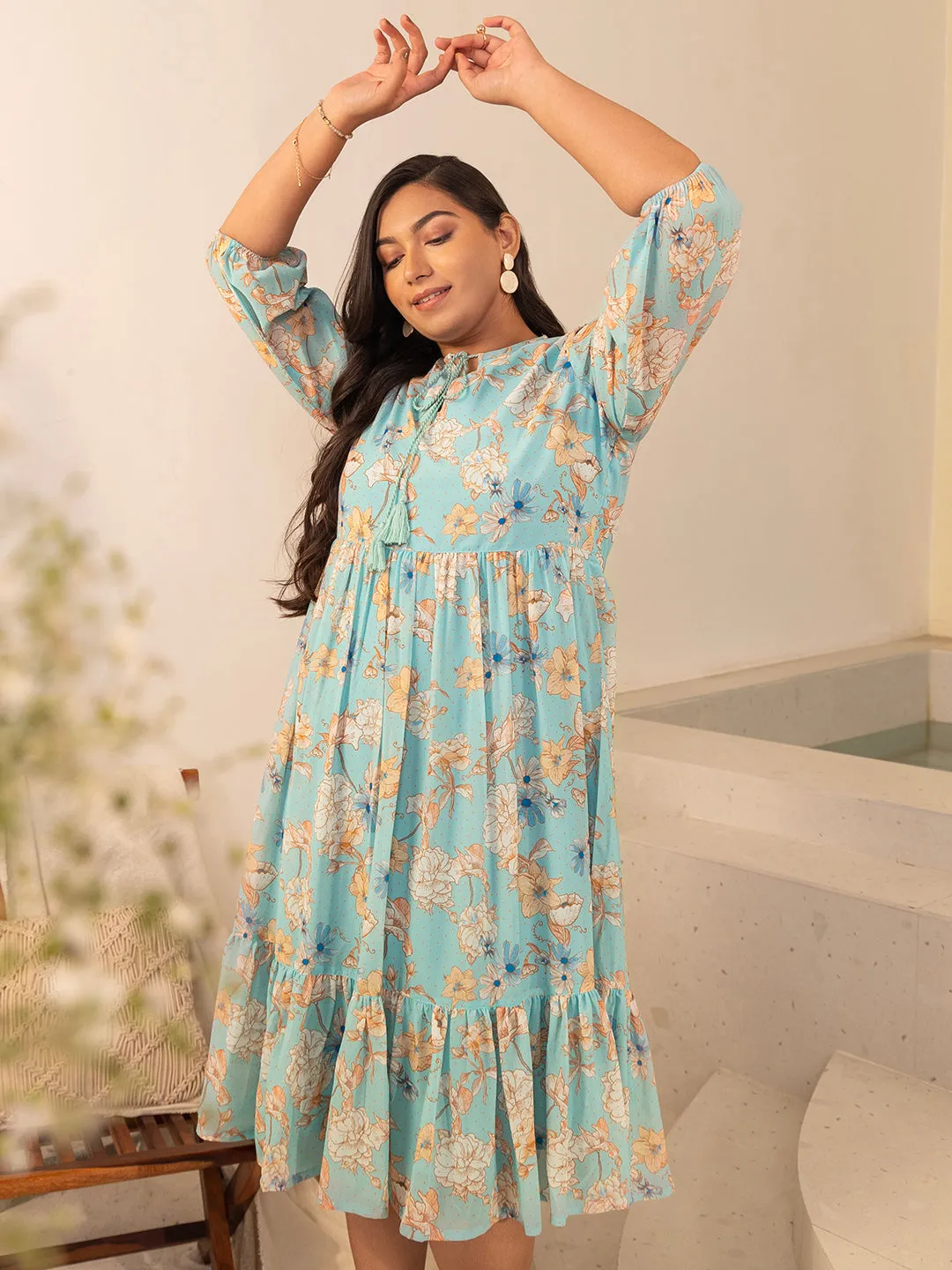 Aqua Georgette Floral Fit & Flare Dress
