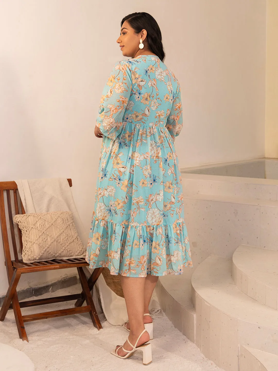Aqua Georgette Floral Fit & Flare Dress