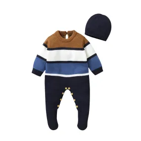 Baby Boys Navy Striped Romper and Hat