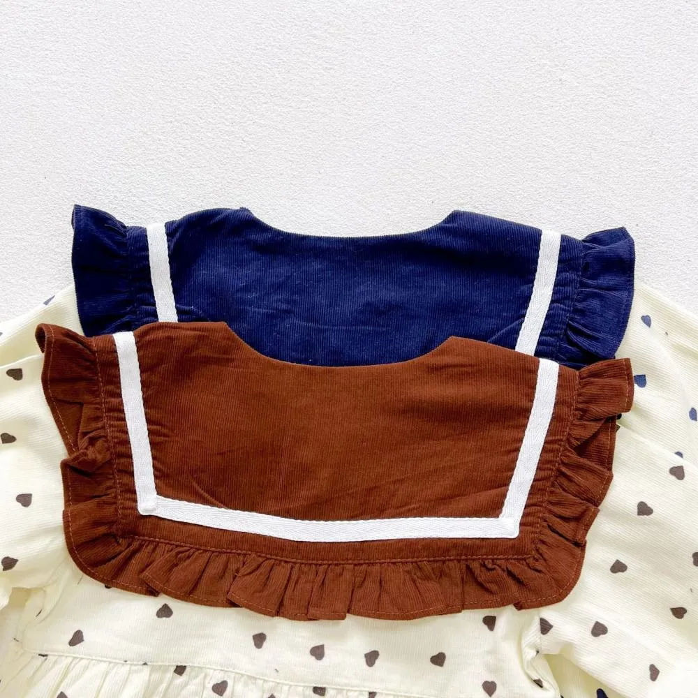 Baby Clothes Spring and Autumn Corduroy Heart Print Navy Collar Baby Romper Wholesale