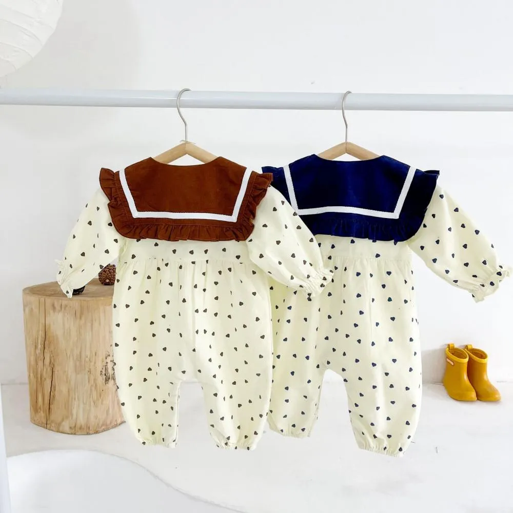 Baby Clothes Spring and Autumn Corduroy Heart Print Navy Collar Baby Romper Wholesale