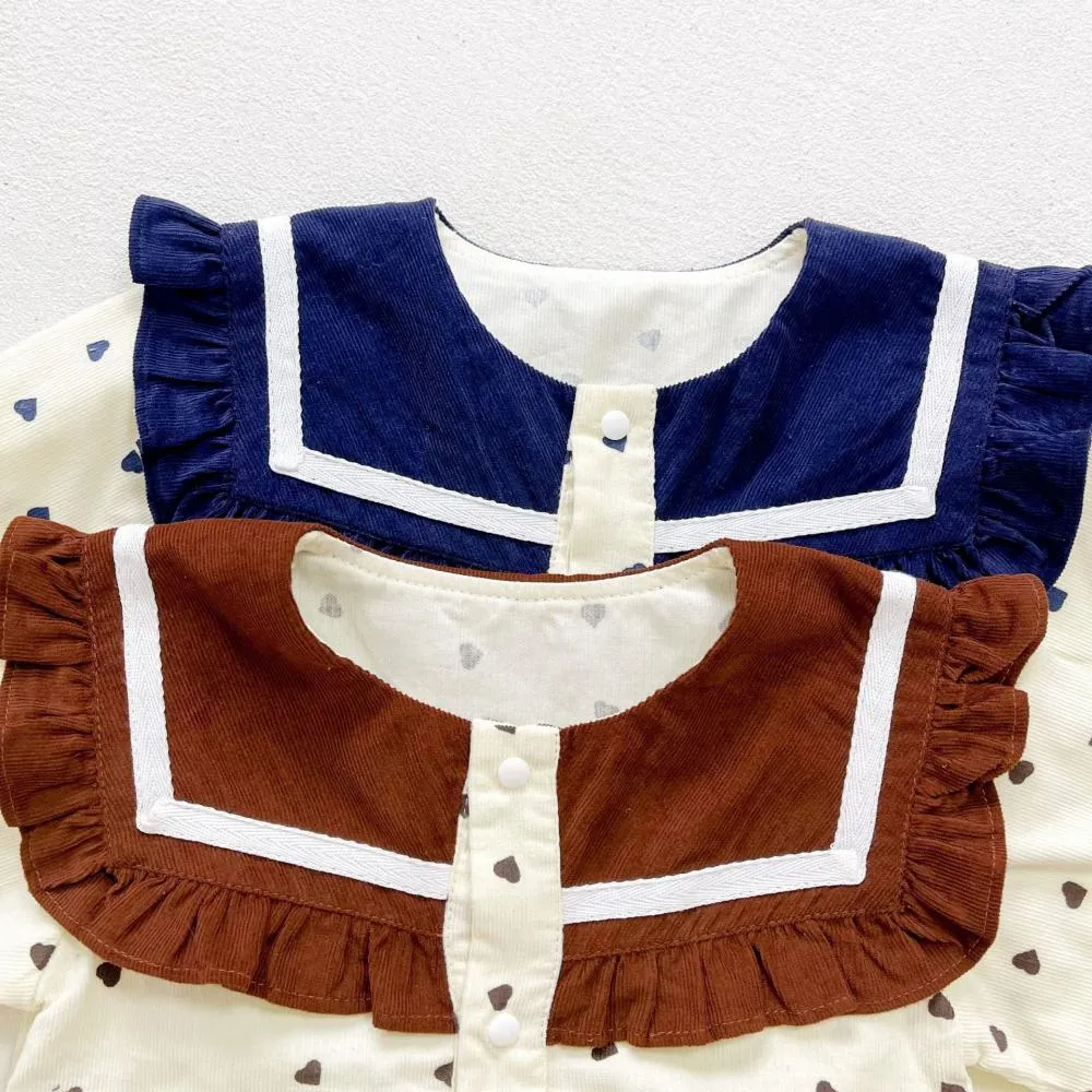 Baby Clothes Spring and Autumn Corduroy Heart Print Navy Collar Baby Romper Wholesale