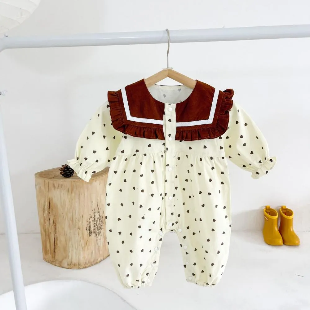 Baby Clothes Spring and Autumn Corduroy Heart Print Navy Collar Baby Romper Wholesale