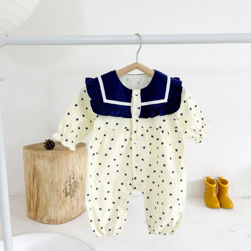 Baby Clothes Spring and Autumn Corduroy Heart Print Navy Collar Baby Romper Wholesale