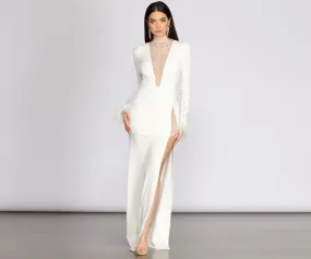 Beka Mesh And Heat Graceful Stone High Slit Dress