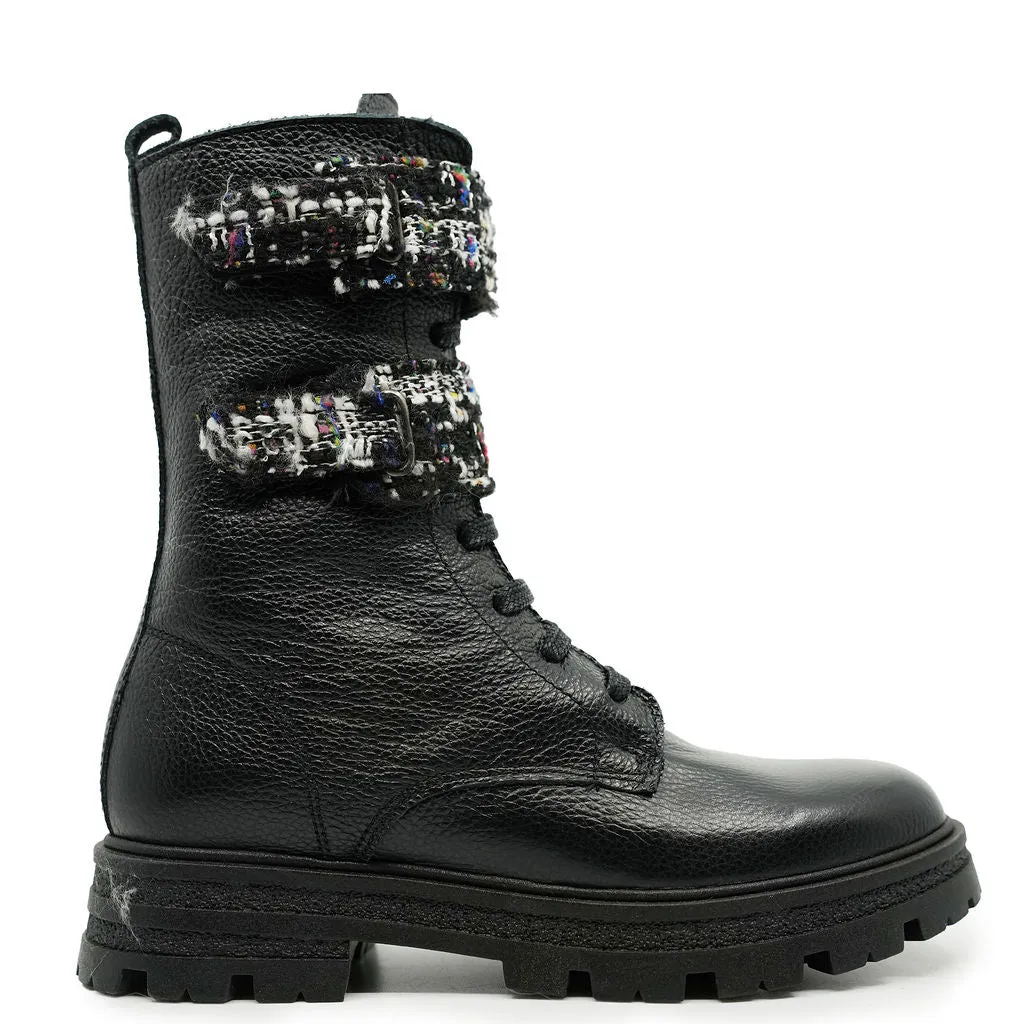 Blublonc Black Leather Tweed Velcro Boot