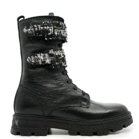 Blublonc Black Leather Tweed Velcro Boot