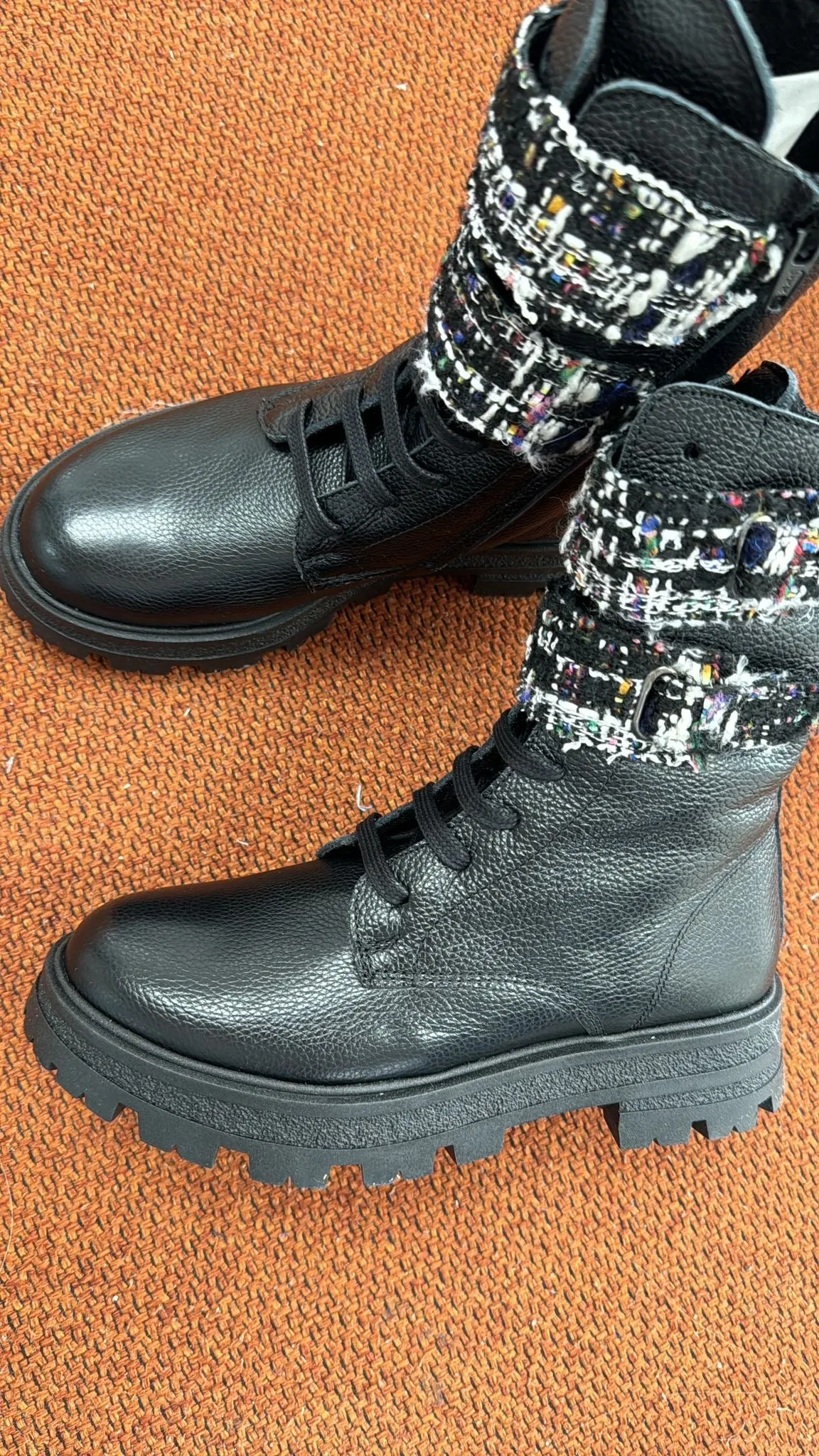 Blublonc Black Leather Tweed Velcro Boot