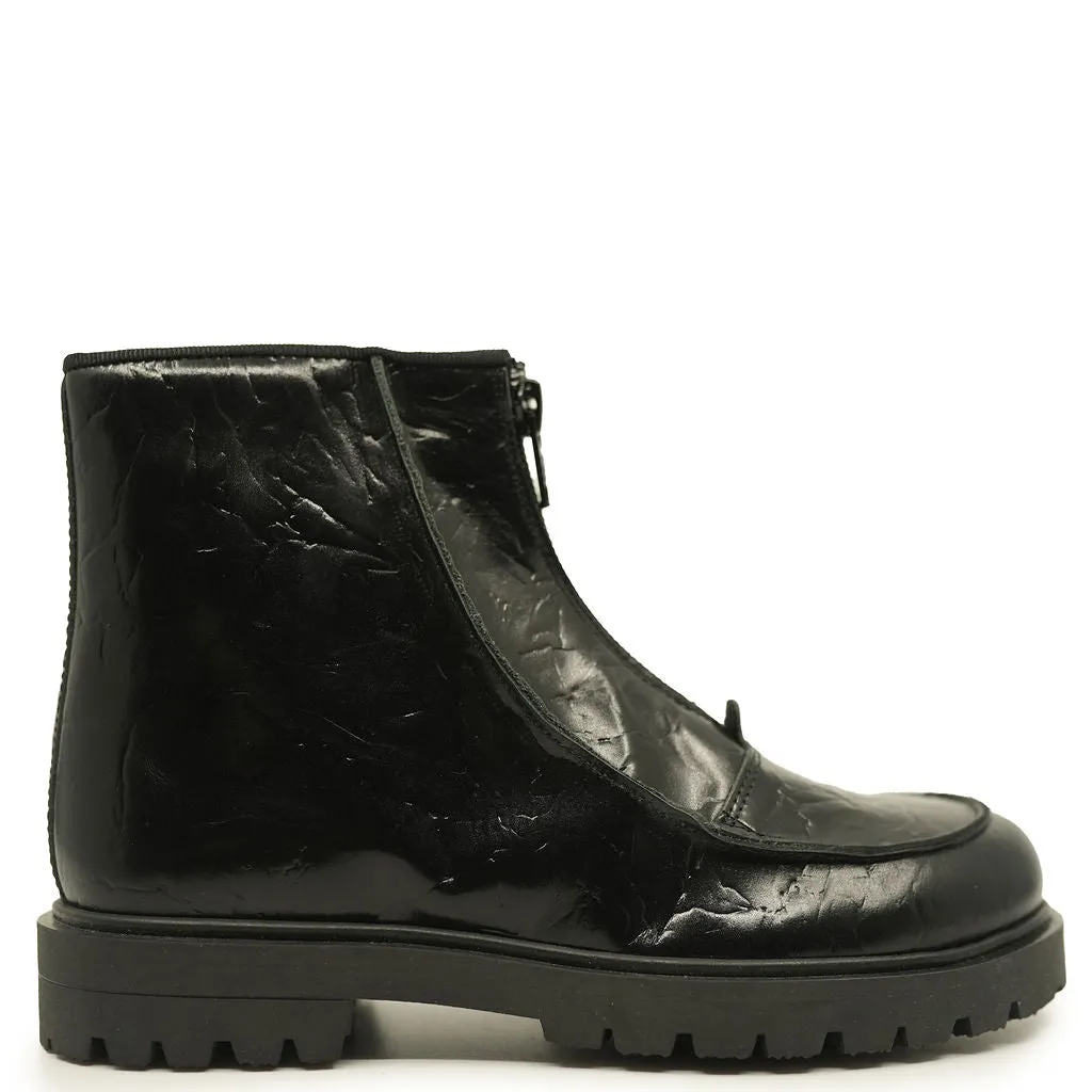 Blublonc Black Leather Zipper Bootie