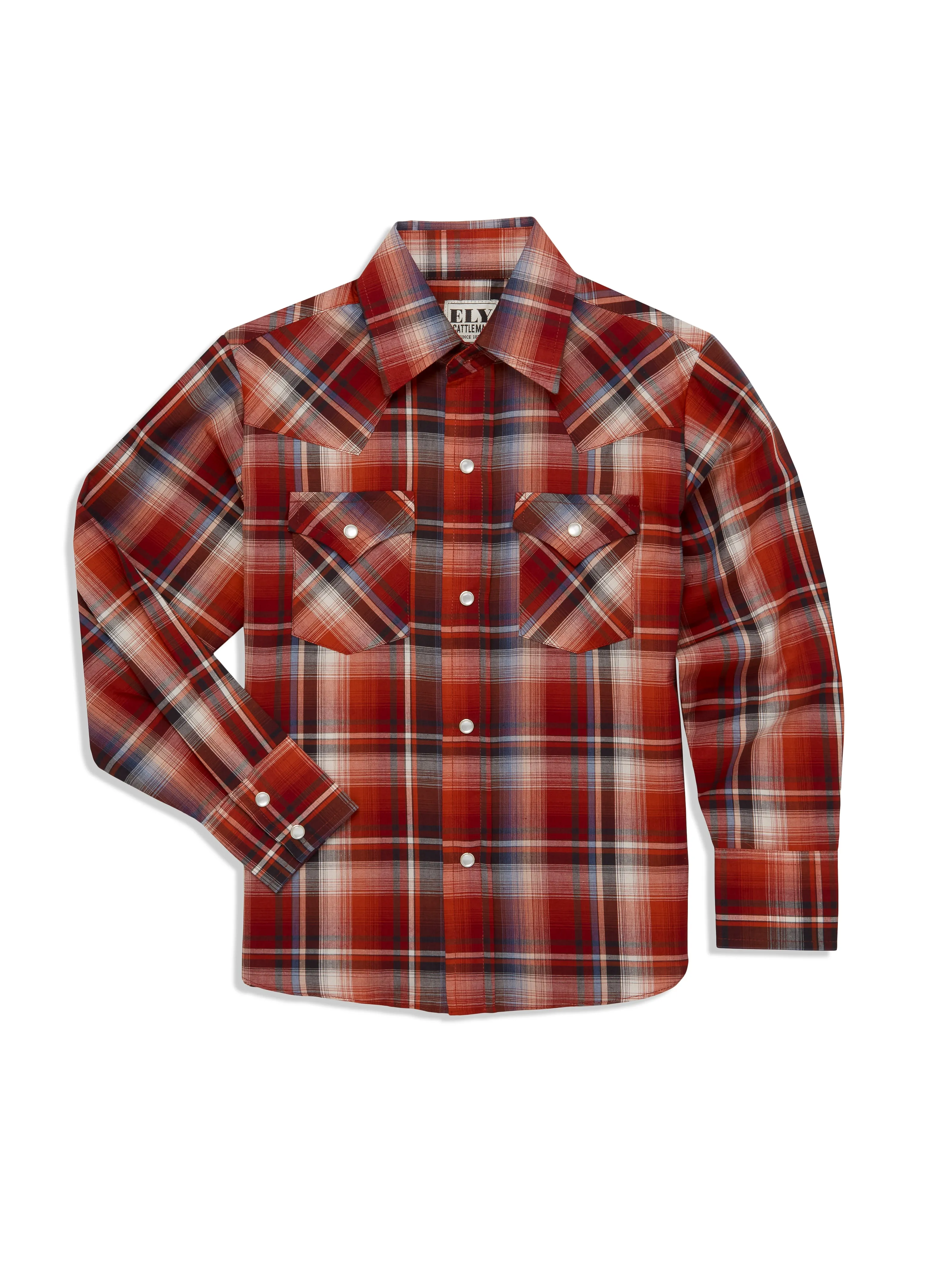 Boy's Ely Cattleman Long Sleeve Ombre Plaid Western Snap Shirt- Blue & Rust
