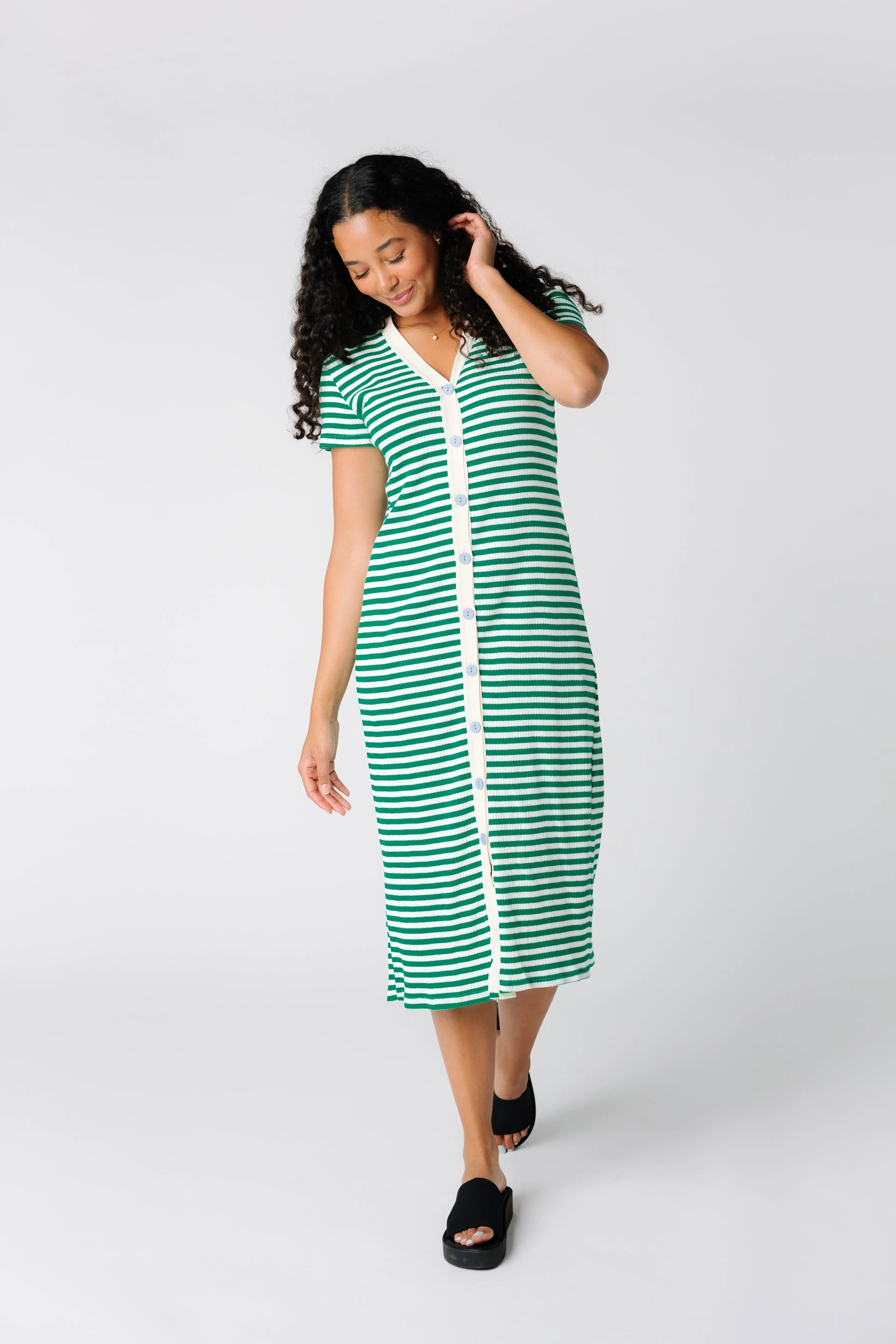 Brass & Roe Textured Button Down-Extended Buttons Dress