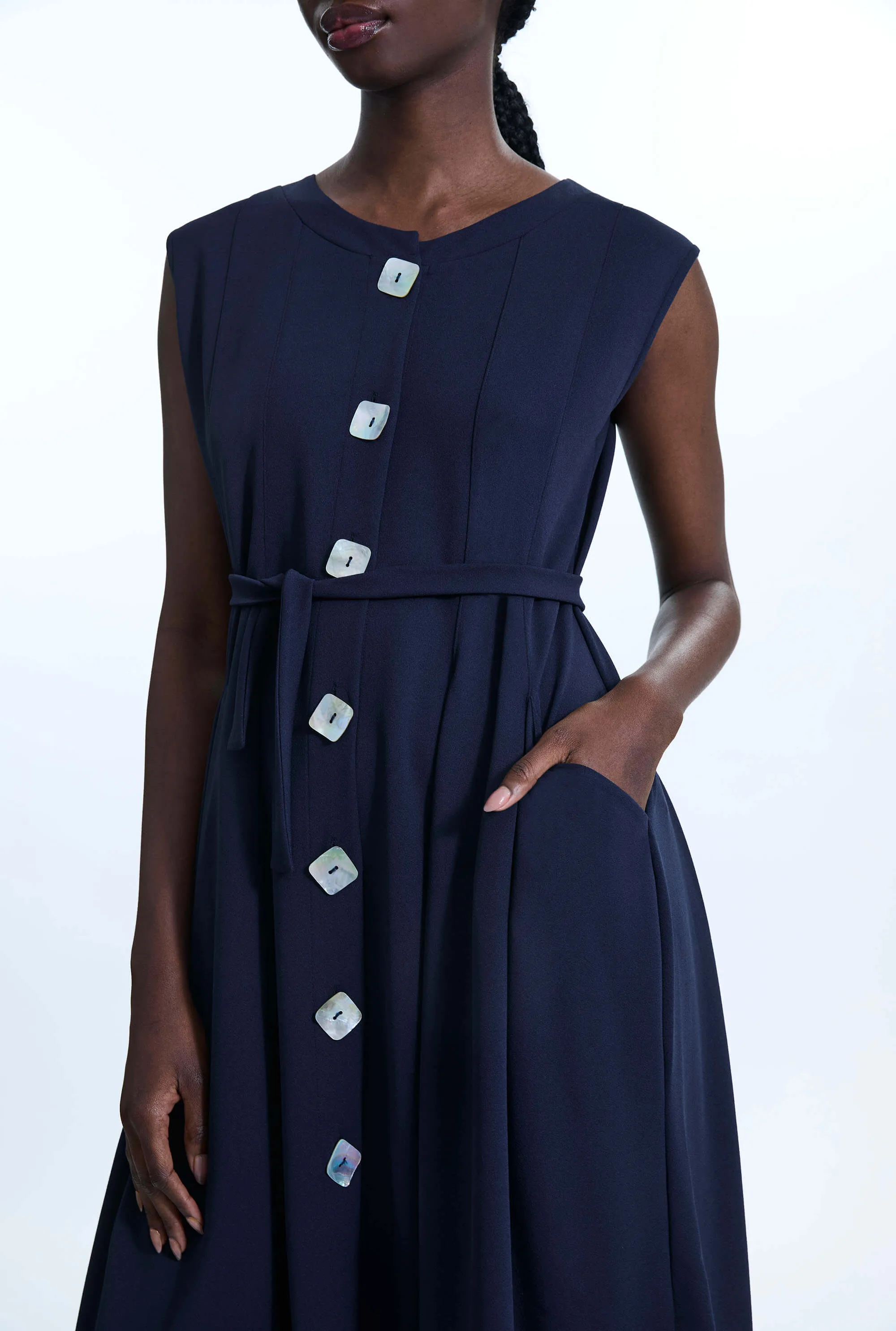 Buttoned Pocket Sleeveless Midi Dress Navy