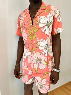 Cai Relaxed Abstract Flower Print Two Piece Set (Cuban Shirt & Short)
