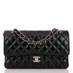 Chanel Medium Classic Double Flap Bag Black Iridescent Quilted Crumpled Calfskin Silver Hardware