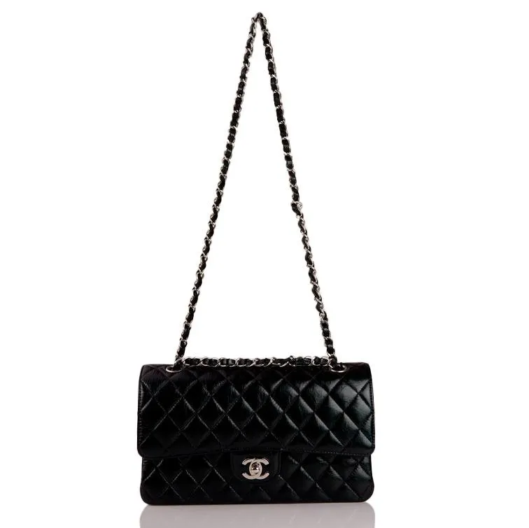Chanel Medium Classic Double Flap Bag Black Iridescent Quilted Crumpled Calfskin Silver Hardware