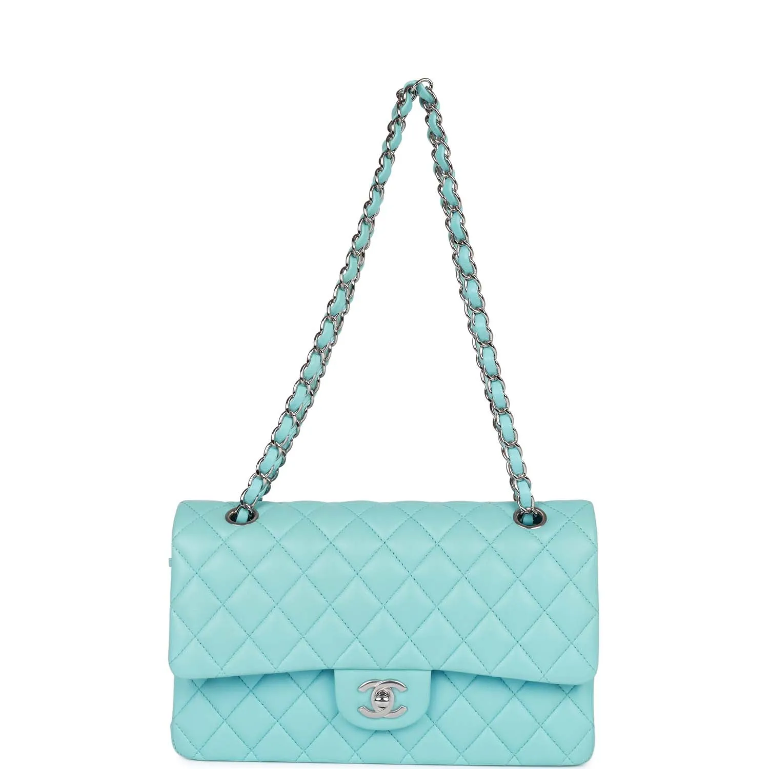Chanel Medium Classic Double Flap Bag Tiffany Blue Lambskin Silver Hardware
