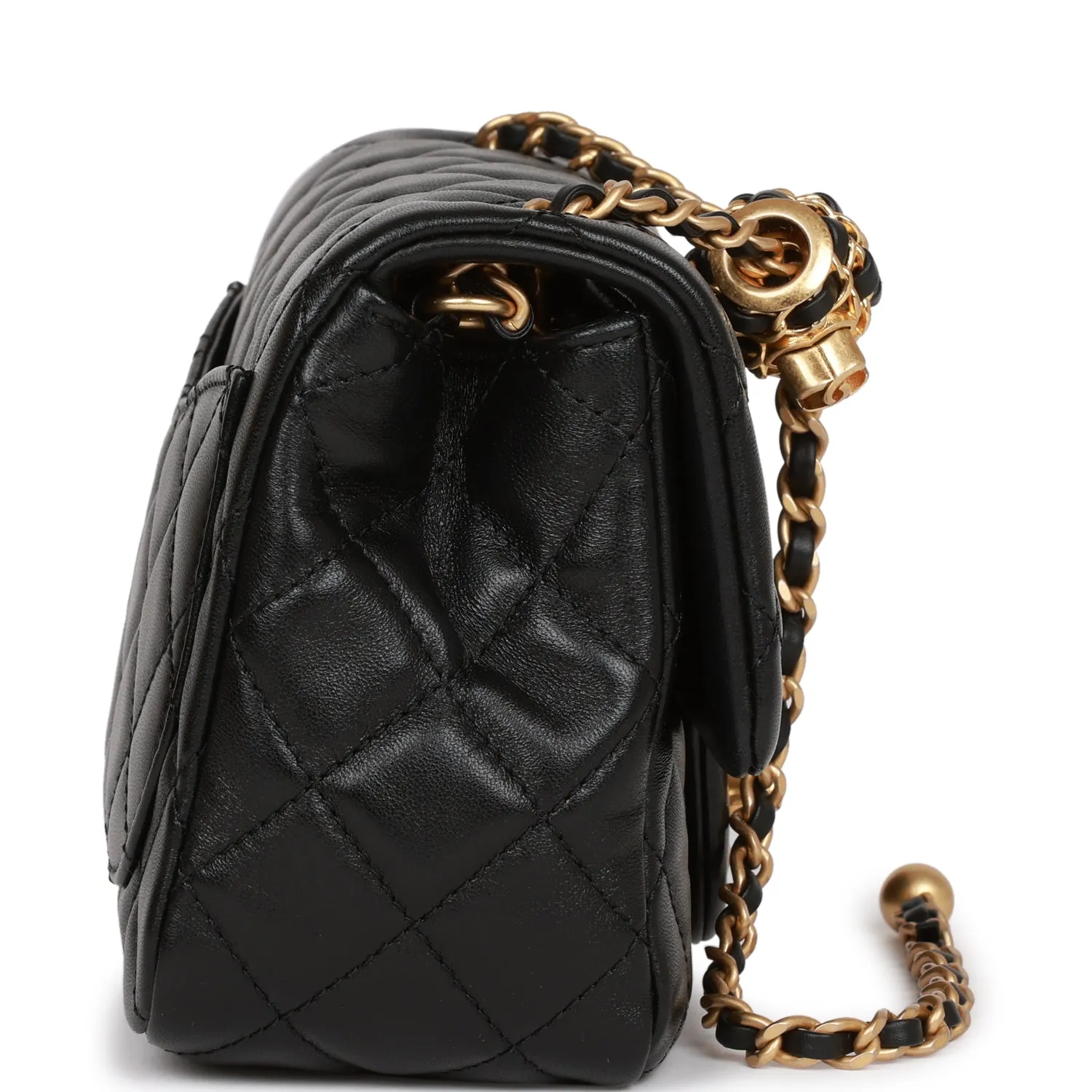 Chanel Pearl Crush Mini Square Flap Bag Black Lambskin Antique Gold Hardware