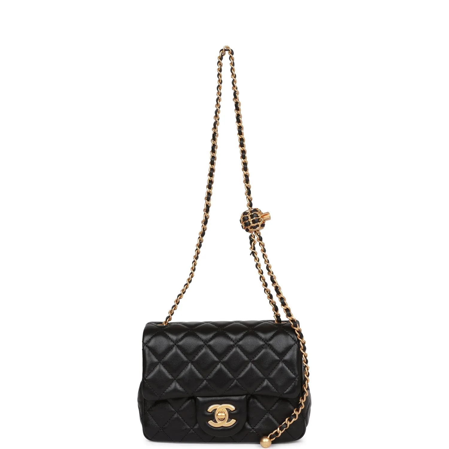 Chanel Pearl Crush Mini Square Flap Bag Black Lambskin Antique Gold Hardware
