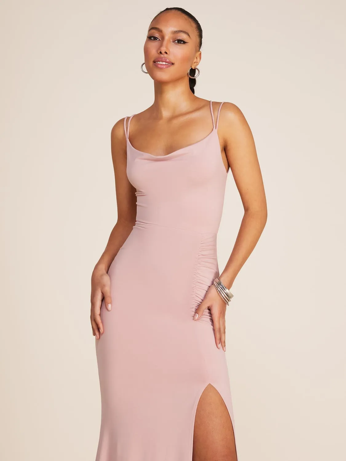 Cowl Neck Open Back Gown With Train