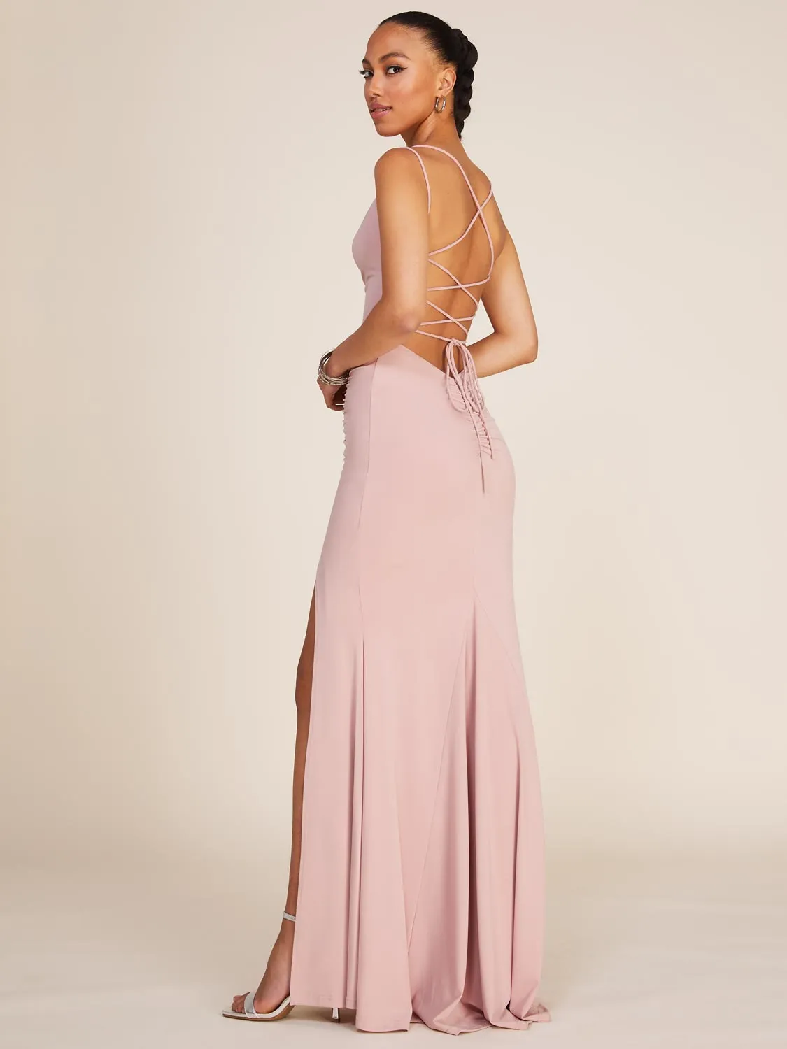 Cowl Neck Open Back Gown With Train