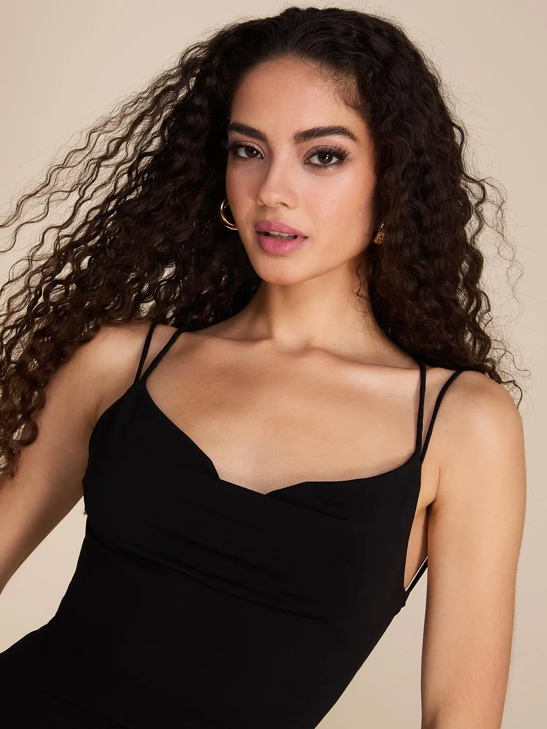 Cowl Neck Open Back Gown With Train