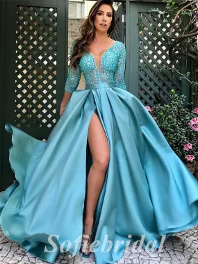 Elegant Satin V-Neck 3/4 Sleeves Side Slit A-Line Long Prom Dresses,SFPD0694