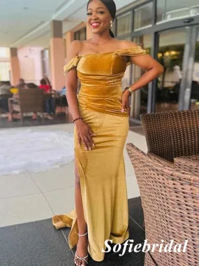 Elegant Velvet Off Shoulder Sleeveless Side Slit Mermaid Floor Length Bridesmaid Dresses, SFWG00545