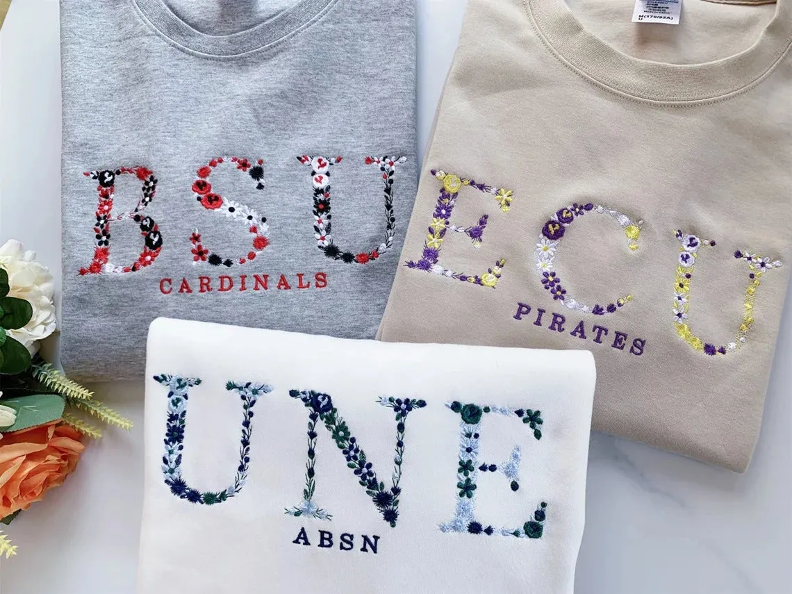 Floral US Cities Embroidered Hoodie Flower Letter College University Crewneck Embroidery Sweatshirt