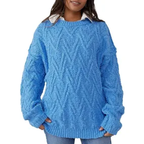 Free People Isla Cable Knit Oversized Sweater In Marine Blue, Size XL