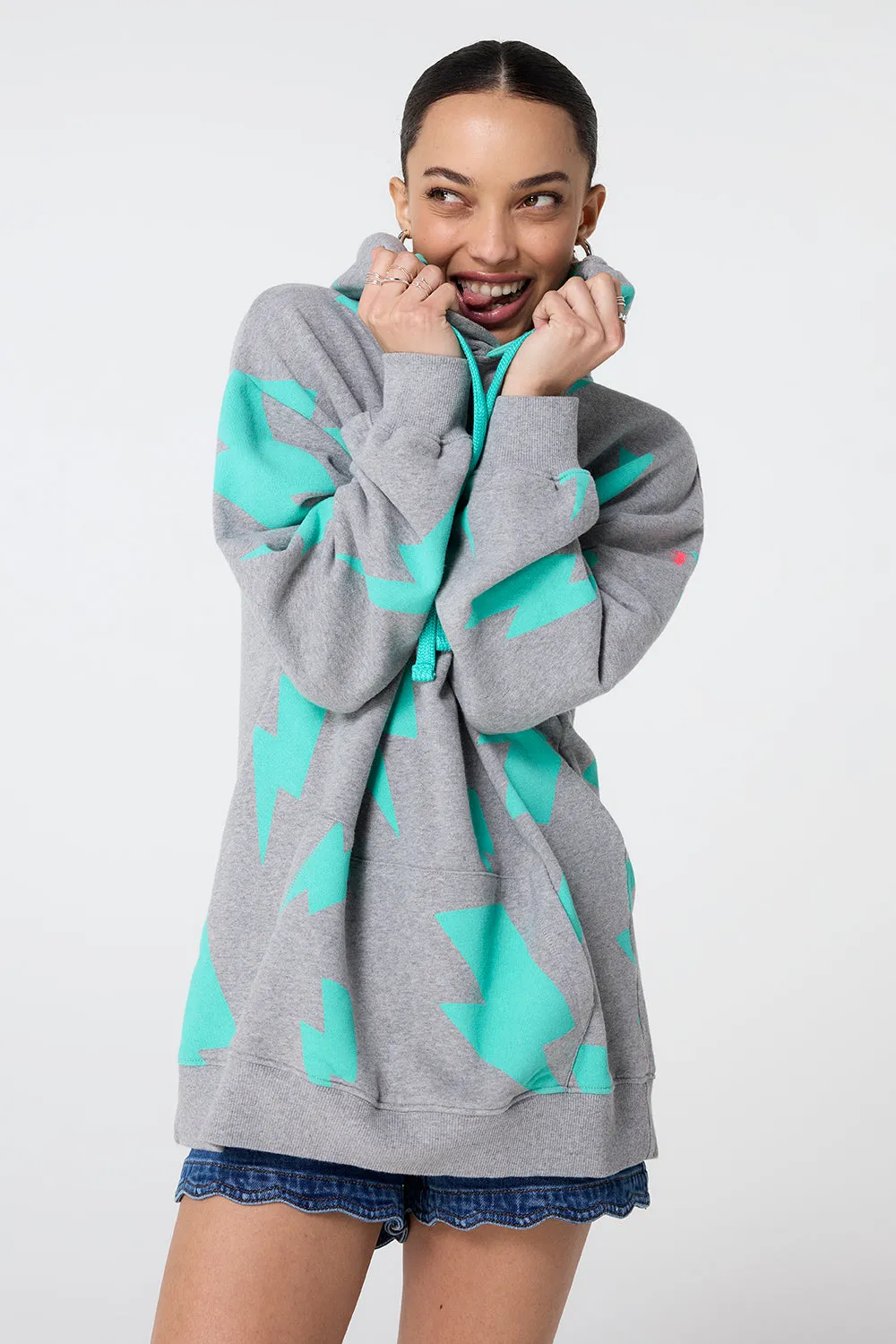 Grey Marl with Turquoise Mega Lightning Bolt Longline Hoodie
