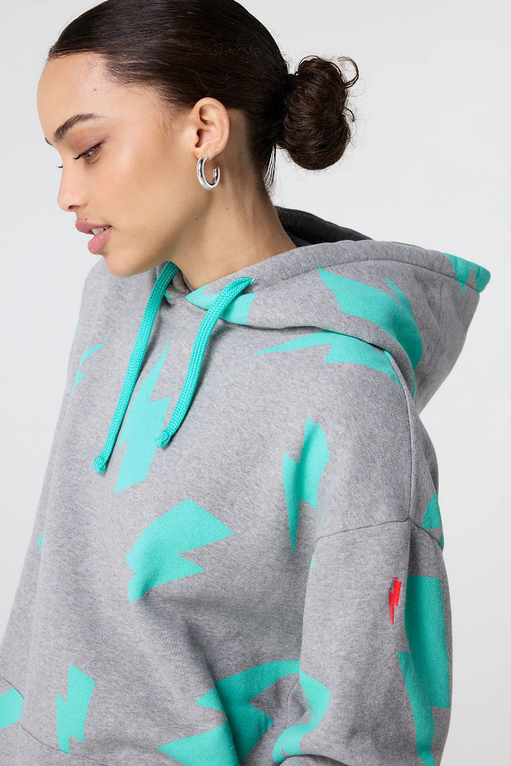 Grey Marl with Turquoise Mega Lightning Bolt Longline Hoodie