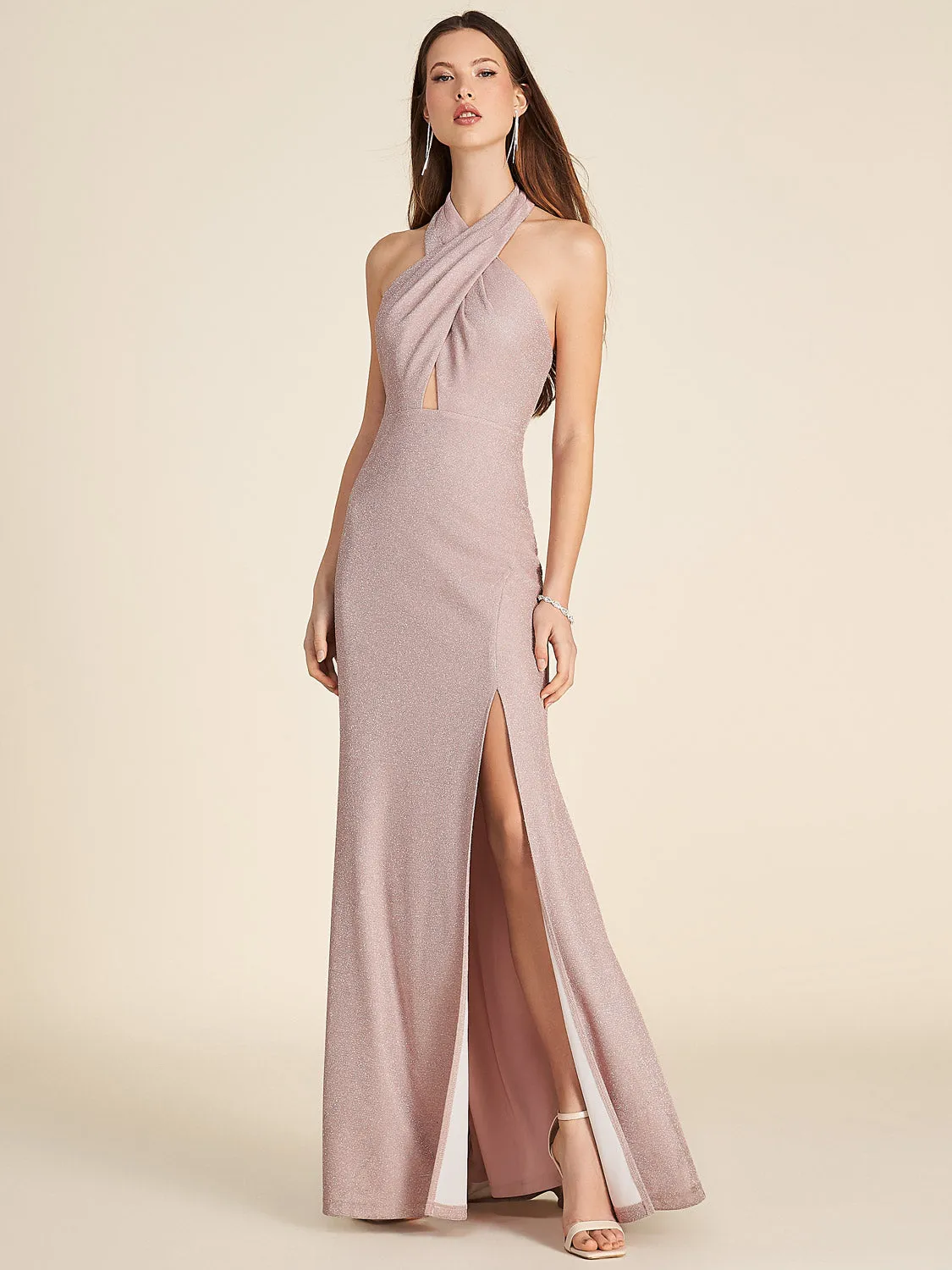 Halter Neck Sparkle Knit Gown With Front Cut-Out