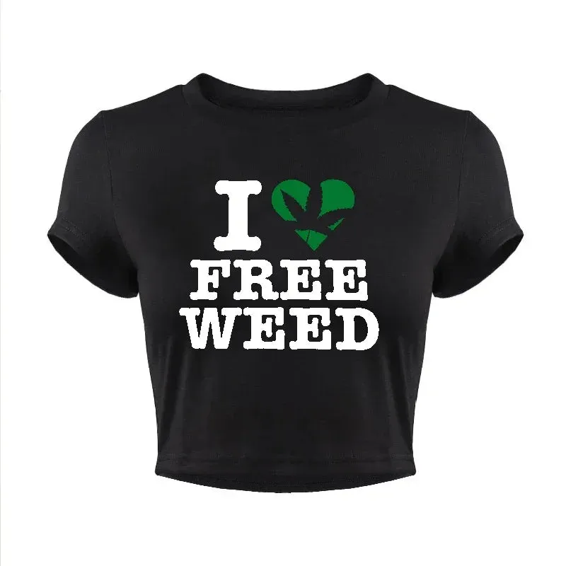 'I Love Free Weed' Black Goth Cropped Top
