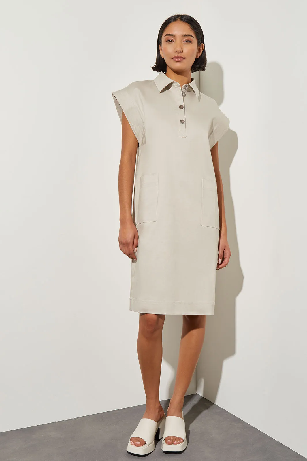 Knee Length Shift Dress - Shirt Collar Cotton Tencel
