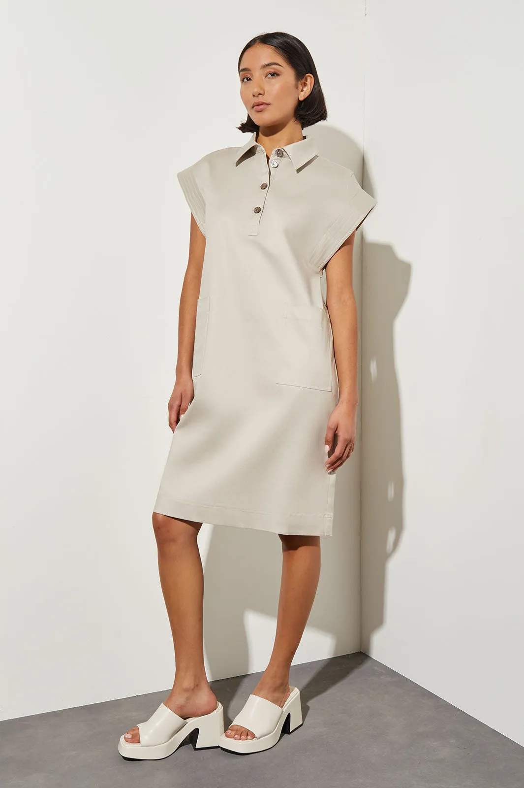Knee Length Shift Dress - Shirt Collar Cotton Tencel