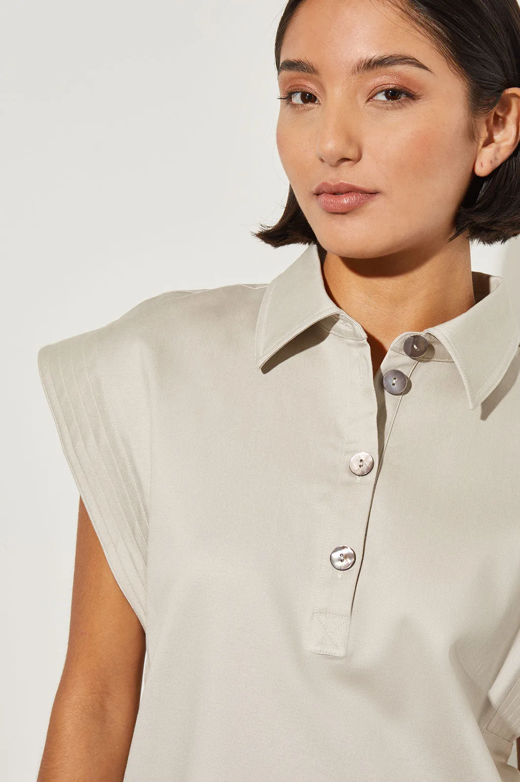 Knee Length Shift Dress - Shirt Collar Cotton Tencel