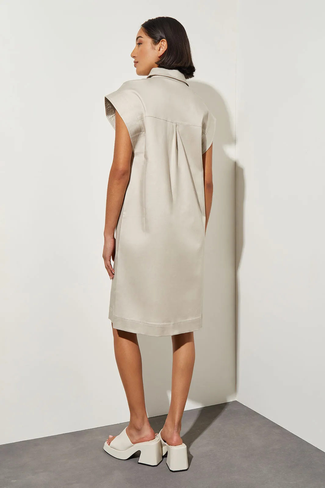 Knee Length Shift Dress - Shirt Collar Cotton Tencel