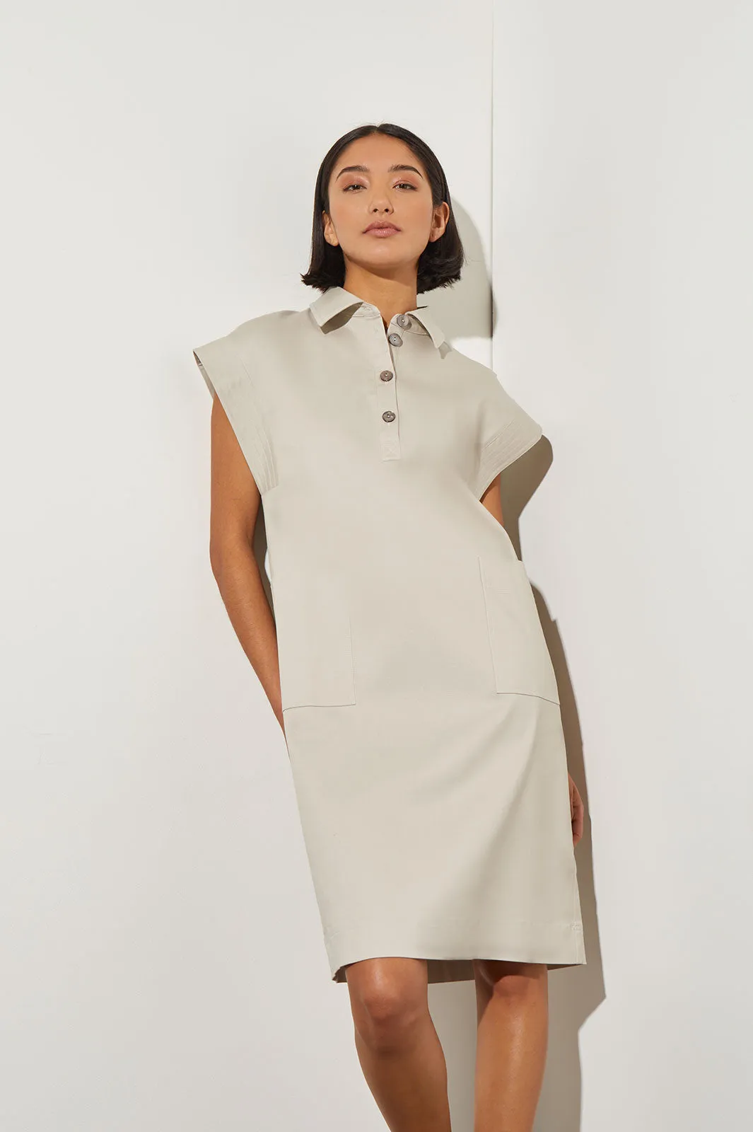 Knee Length Shift Dress - Shirt Collar Cotton Tencel