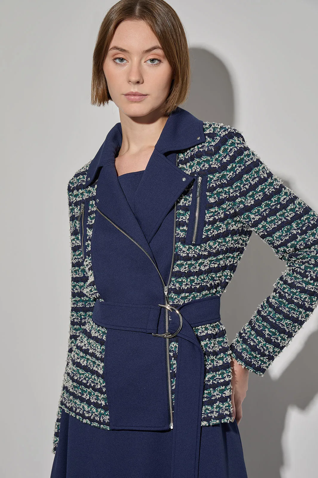 Mixed-Media Belted Moto Jacket