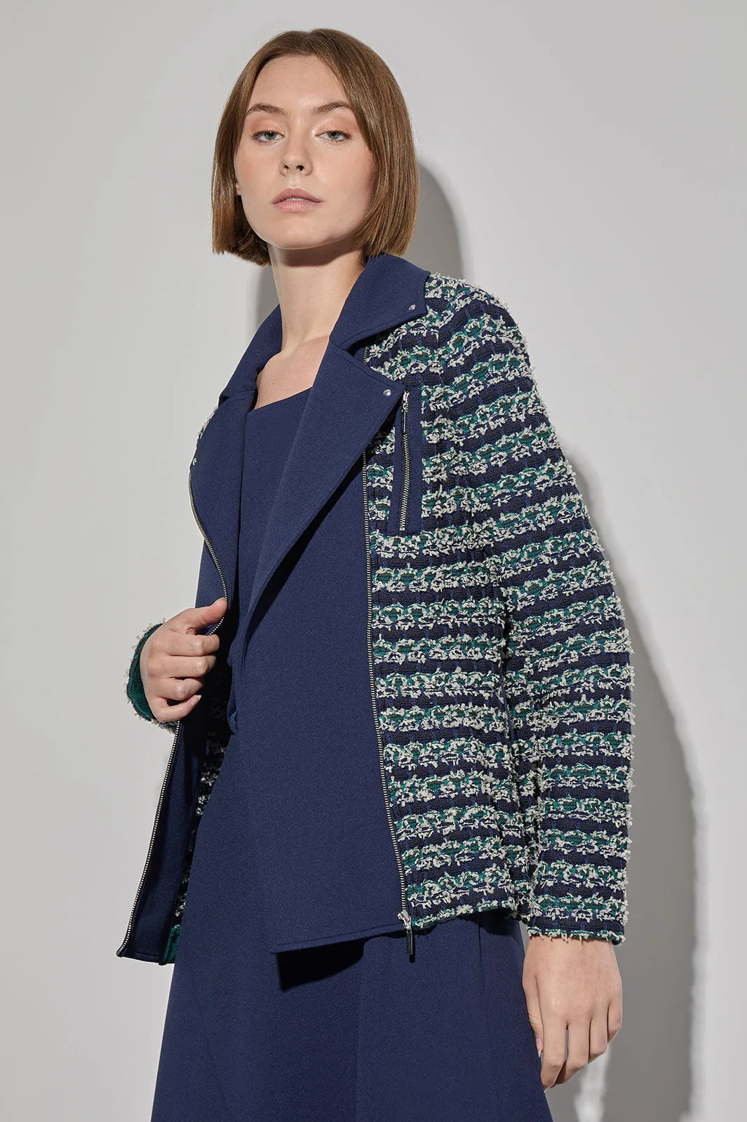 Mixed-Media Belted Moto Jacket