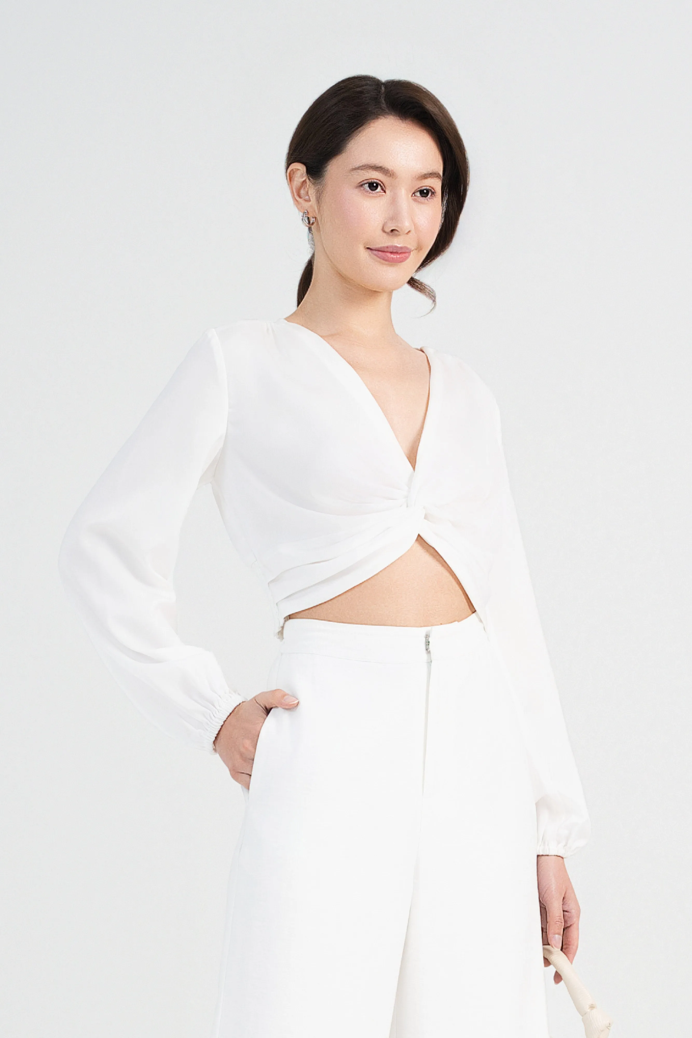 Nikita Satin Twist Front Crop Top in Pearl White