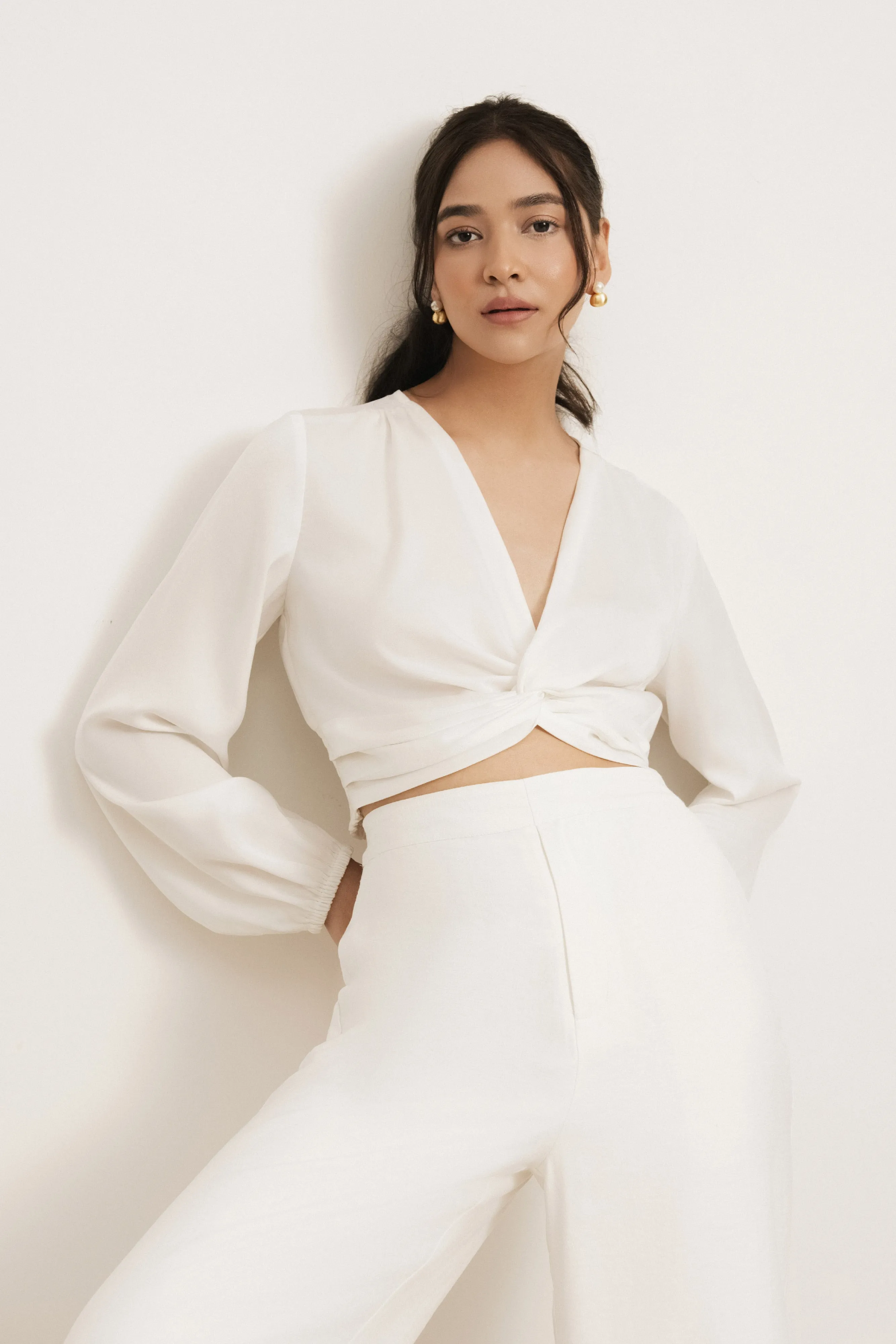 Nikita Satin Twist Front Crop Top in Pearl White