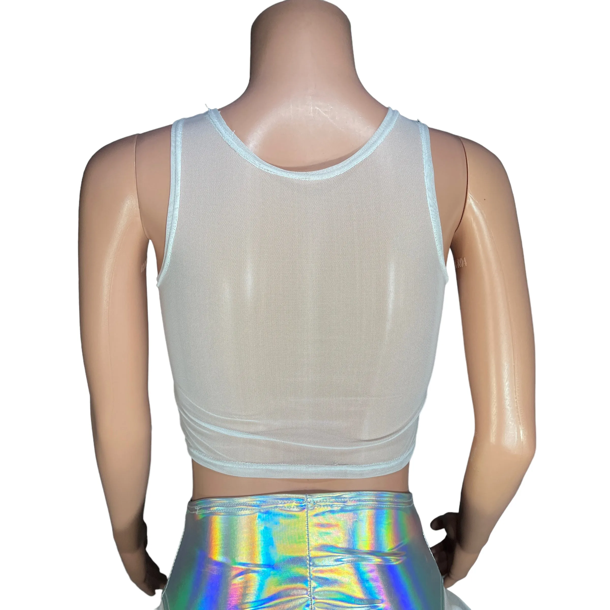 Opal and Mesh Censor Crop Tank - White Mesh w/ Opal Iridescent Holographic