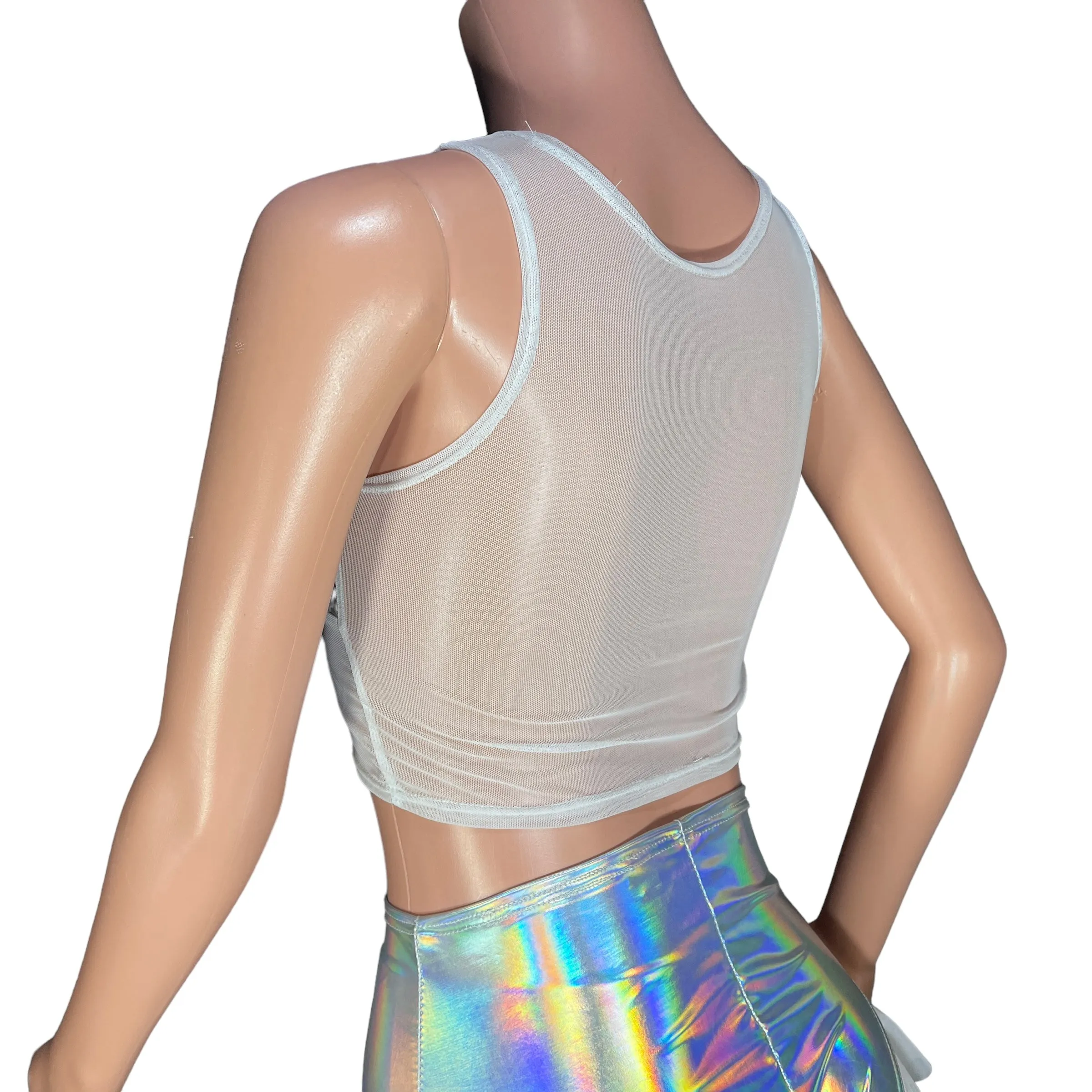 Opal and Mesh Censor Crop Tank - White Mesh w/ Opal Iridescent Holographic